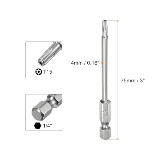 HARFINGTON 2pcs T15 Security Torx Bit 1/4" Hex Shank 3" Long S2 Steel Magnetic Tamper Resistant Star Bits Screwdriver Torx Head with Hole for Driver Drill Bits Remove Fastening Screws - size: T15