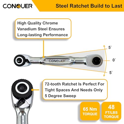 CONQUER 21-Piece 1/4" Drive Mini Ratchet Spline Socket Set, SAE/Metric | 72-Tooth Dual Head Ratchet, Quick Release & Spin Disc, CR-V Spline Sockets 6-13mm, S2 Bits, Knurled Grip, Portable Kit - style: 21 PC Spline Socket Set