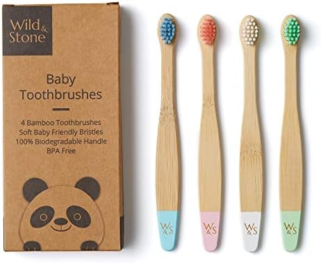Wild & Stone Organic Baby Bamboo Toothbrushes | 4 Pack | Soft Bristles | 100% Compostable Handle | BPA Free | Vegan Baby Toothbrushes (Multicolour)