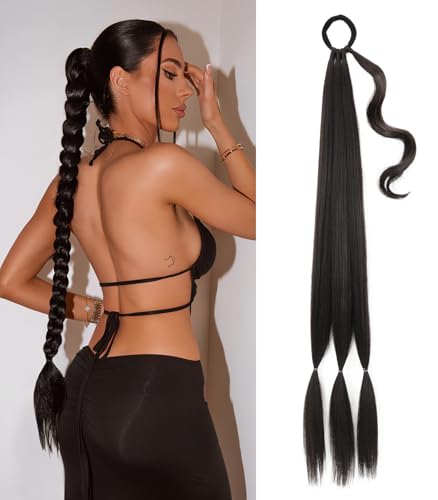Long Braid Ponytail Extension with Hair Tie DIY Wrap Around Synthetic Hairpiece Natural Soft Fluffy Style for Women’s Daily Wear (34 Inch Brown Black)