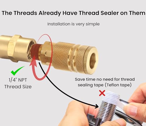 1/4 Inch Brass Male Industrial Coupler, 2 Pack | Air Hose Fittings, NPT Male Quick Connector, Air Coupler with Sealant, For Professional Jobsites and Automotive Shops - size: Male Coupler 2 Piece with sealant