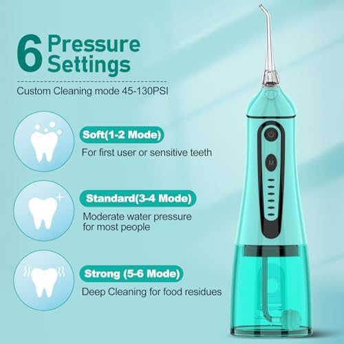 Water Dental Pik Flosser,Grinest 7 Modes Rechargeable Water Dental Picks for Teeth Cleaning Cordless Oral Irrigator Portable IPX7 Waterproof Tooth flossers for Home Travel-Green