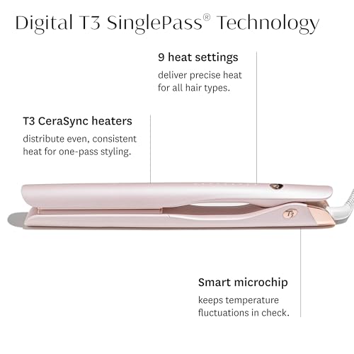 T3 SinglePass Smooth X Professional Flat Iron with Extra-Long Ceramic Plates for Faster Styling, 9 Heat Settings for All Hair Types, For Straightening, Curling, and Waving