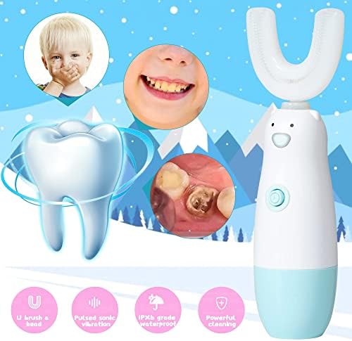 Kids Electric Toothbrush，U Shaped Toothbrush Waterproof Battery Powered 360 Automatic Sonic Toddler Toothbrushes for 8-13 Years Old for Boys Girls ，with 2 Replacement Brush Heads（Blue）