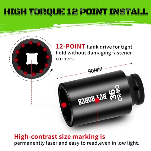 1/2 Drive Deep Axle Nut Impact Socket Set,12 Point Socket Set Metric, CR-MO, 30mm, 32mm, 34mm, 36mm, 4-Piece 1/2" Heavy Duty Socket Set (12 point can also be used at 6 point) - color: 12 Point 4pcs 1/2" Metric