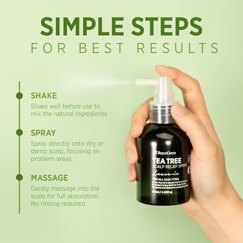 RoyceDerm Tea Tree Scalp Relief Spray: Leave-In Scalp Care for Dry, Flaky, and Itchy Scalp - Tea Tree Oil Formula for Comfort, Hydration, and Balance - Conditioning Support for Women & Men