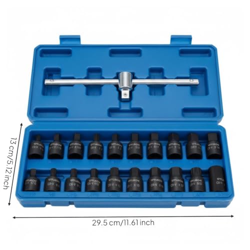 Qianly 21 Pieces Oil Drain Plug Socket Wrench Kit Molded Compartments Oil Drain Plug Socket Kit Hard Case for Mechanics, Garage
