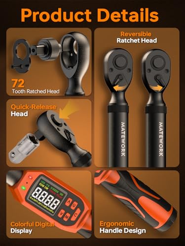 Matework Digital Torque Wrench 1/2" Drive | 8.5-160 ft.lb | ±1% High Accuracy | Buzzer and LED Alert | 3-Mode & 5-Unit Switch, 8PCS Digital Torque Wrench Set for Motorcycle, Car Maintenance - size: 1/2-Inch (8.5-160 ft·lb)