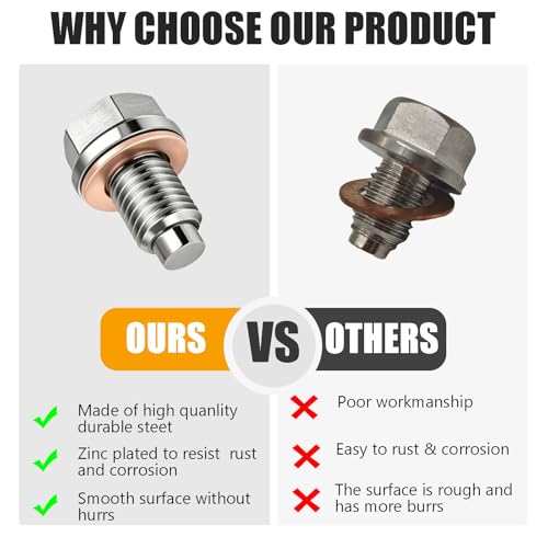M12x1.75 Magnetic Stainless Steel Oil Drain Plug Kit Fits Cars Motorcycles | CHENACC 1PCS Oil Pan Drain Nut Bolt with 5 PCS Copper Gasket, Compatible with Most Boats Cars and Motorcycles - size: M12*1.75