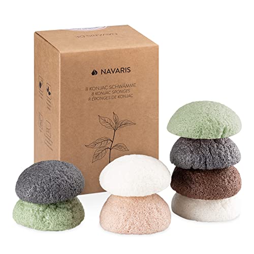 Navaris Konjac Sponges - Set of 8 - Facial & Body Natural Konjac Sponge Puffs - Exfoliating & Cleansing Face & Skin Sponges for Bath & Shower - 8-Pack