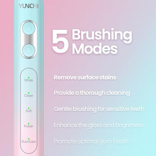 YUNCHI Electric Toothbrush for Adults and Kids, Rechargeable Battery Toothbrush, 8 Brush Heads, 5 Modes, 44000 VPM Motor-2 Min Smart Timer, IPX7 Waterproof, Travel Case, 55 Days-Pink & Blue Gradient