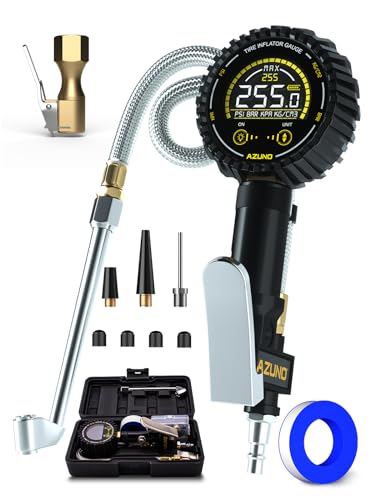 Digital Tire Inflator Gauge 255 PSI, Heavy Duty Tire Pressure Gauge with Air Chuck, Steel Braided Hose, Quick Connect Coupler & Case for Truck RV Trailer - size: 255PSI For Truck / RV