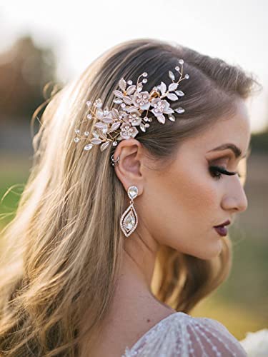 SWEETV Light Rose Gold Wedding Clip Rhinestone Bridal Comb Barrette - Handmade Flower Clip Head Pieces for Women