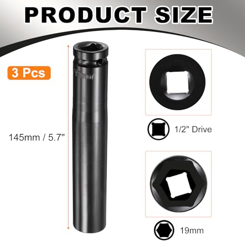 HARFINGTON 3pcs 6-Point Deep Impact Socket 1/2" Drive 19mm Metric Socket 5.7" (145mm) Extra Long Heat-Treated 45# Steel for Home Auto Spindle Axle Hex Nuts Bolts Repair, Black - size: 19mm + 5.7" Long