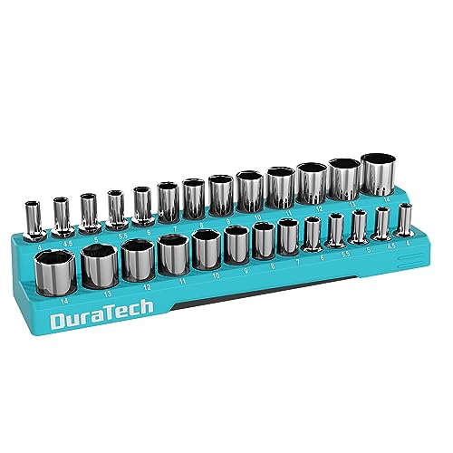 DURATECH Magnetic Socket Organizer Set, 1/4" Metric Socket Holders | Socket Trays, Tool Box, Tool Cart Organizer, Standard & Deep Sockets Organizer, Carbon Fiber, Prevent Scratching, 26-holder - size: 1/4" DR, Metric