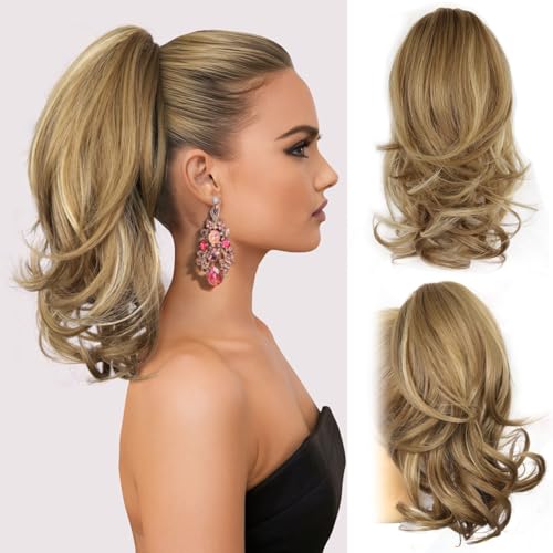 14 Inch Blonde Ponytail Extension - Wavy Pony Tails Hair Extensions, Claw Clip Ponytail Extension, Synthetic Hair Extensions Ponytail, Clip on Ponytails for Women (Dark Blonde With Beige Highlights)
