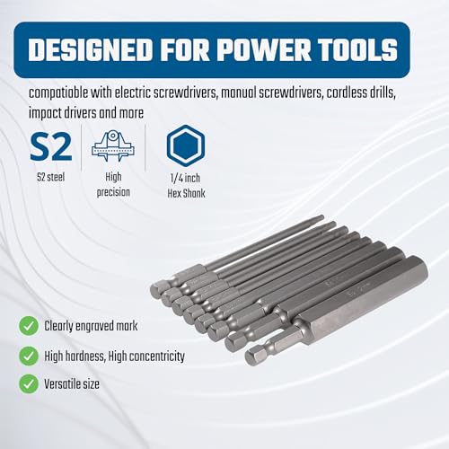 VESTTIO Metric Hex Allen Wrench Bit Set, 8-Piece, 4-Inch, Magnetic S2 | 2.5-12mm, industrial S2 alloy steel, 1/4 inch hex shank, magnetic tips, design for power screwdriver drill impact driver - size: 8 HEX / 4 inch