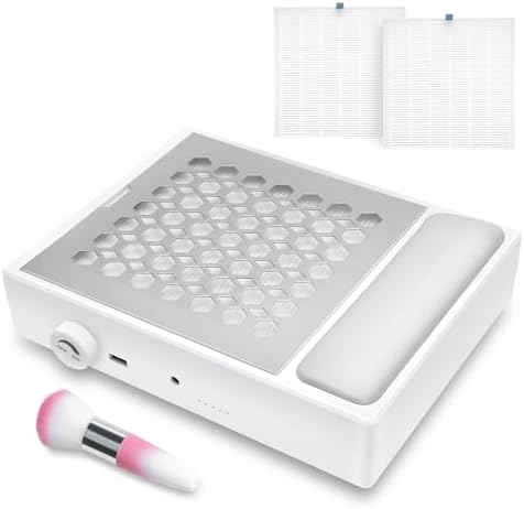 Madenia Powerful Nail Dust Collector - Brushless Quiet Vacuum Suction Fan Extractor with Hand Pillow 2 Filters 1 Brush, Nail Dust Cleaner Machine for Acrylic Gel Nail Polishing Nail Tech Use, White