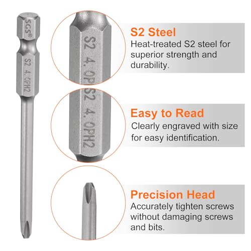 HARFINGTON 5pcs #2 Phillips Screwdriver Bit PH2 1/4" Hex Shank 3" (75mm) Long Magnetic S2 Steel Industrial Grade Screw Driver Bit Cross Head Electric Drill Bits 0.157" (4mm) Rod - size: PH2 x 75mm x 4mm