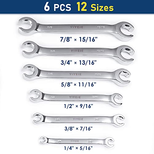 YIYEIE 11-Piece Flare Nut Wrench Set Bunlde, Metric & SAE, 9-21mm & 1/4" to 15/16'', 6 Point Open End, 15° Offset, CR-V Steel, Line Wrenches with Carrying Pouch