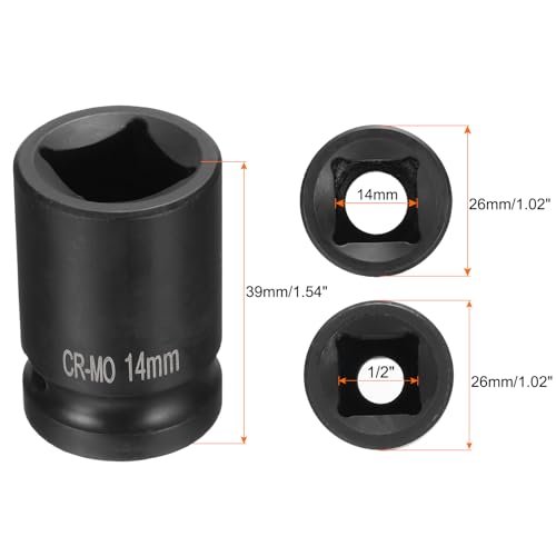 Generic 4 Point Square Socket 1/2" Drive 14mm Metric Square Impact Socket CR-MO Blackening Standard Wheel Sockets Pneumatic Socket Tool for Auto Repair Mechanical Maintenance Home Use