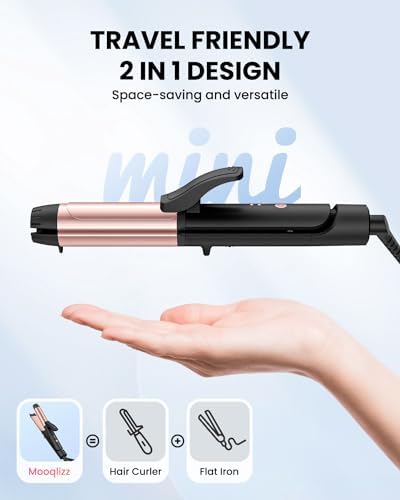 Dual Voltage Curling Iron, Travel Flat Iron Hair Curler in One for European, 1 1/4 Inch Ceramic Plates with Adjustable Temperature, Travel Size Glove Included, Black