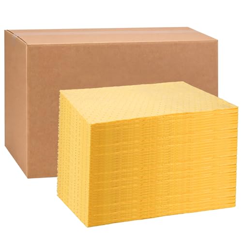 Hoolerry 100 Pcs Oil Absorbent Pads Bulk Heavy Weight Dimpled Garage Absorbing Pad Water Absorbent Mat Trimmable Oil Spill Mat for Garage Floor Workshop Auto Fluid Cleanup (13.5 x 17.5 Inch,Yellow) - color: Yellow, size: 13.5 x 17.5 Inch