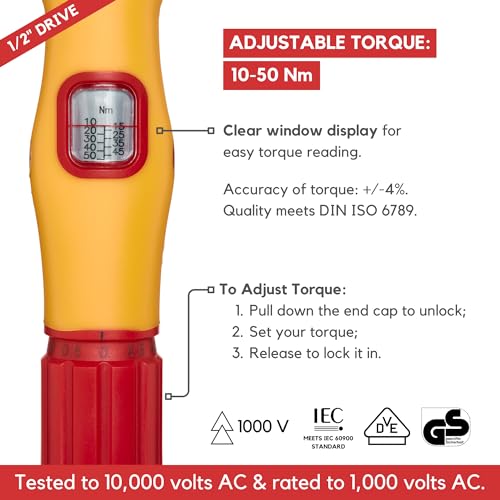 FESA Electrician Insulated Torque Wrench - (1/2" Drive, 10-50 Nm Range) | 1000V Wrench w/Easy Torque Adjustment & Scale Display - Each Insulated Wrench Has ID for Traceability - style: 1/2" Drive, 10-50 Nm Range