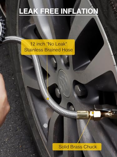 Digital Tire Inflator Gauge 255 PSI, Heavy Duty Tire Pressure Gauge with Air Chuck, Steel Braided Hose, Quick Connect Coupler & Case for Truck RV Trailer - size: 255PSI For Truck / RV