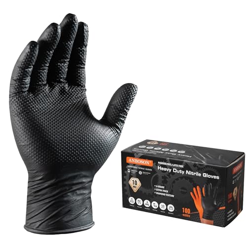 ANBOSON 10 Mil Heavy Duty Diamond Texture Nitrile Gloves, Medium, 100 Ct | 10 Mil Thickness, Diamond Texture Grip, Heavy Duty Protection, Meat Processing, BBQ Pitmasters, Commercial Kitchens - color: Black of 100, size: Medium