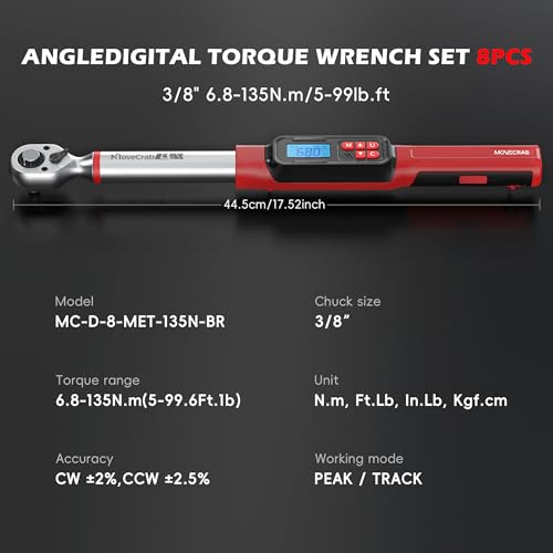 3/8" Digital Torque Wrench Set, 5-99.6 Ft.lb, ±2% Accuracy, 8pcs | Electronic Torque Wrench with LED & Buzzer Alerts, 4 Sockets, Extension Bar & Adapters for Automotive, Motorcycle, Bicycle - size: 3/8" 5-99.6Ft.lb/6.8-135N.m