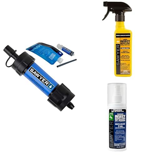 Sawyer Products MINI Water Filtration System + Permethrin - Premium Insect Repellent Clothing, Gear & Tents Trigger Spray, 12-Ounce + Premium Insect Repellent with 20% Picaridin, Pump Spray, 3-Ounce