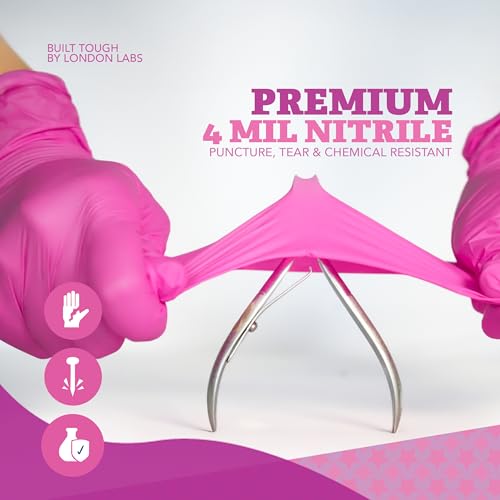 London Labs 4 Mil – Fuchsia Pink Nitrile Gloves – Disposable Latex Free & Powder Free– Chemical Resistant, Pink Rubber Gloves - size: Medium, style: Bubblegum - 100 Count
