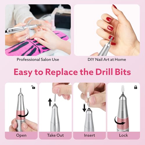 Nimmu Portable Nail Drill Professional, 45000RPM Electric Nail File for Acrylic Nail Remove Gel Polish, Rechargeable Nail Drill Machine with 11 Bits Kit for Manicure Salon Home (Pink)