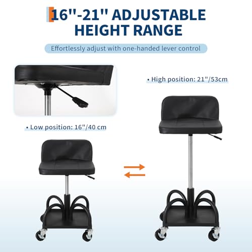 TrailBlaze Adjustable Rolling Mechanic Stool – 15.7"-25" Height, 300 lbs Capacity, Ergonomic Padded Seat, 3" Locking Swivel Wheels, Magnetic Tool Tray – Repair Stool | Load Capacity 300 lbs - color: Black, size: Advanced