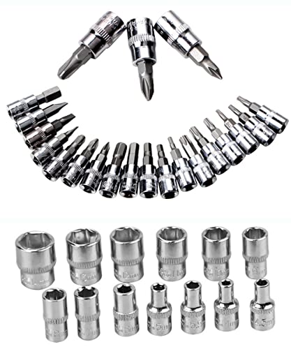 46 Pieces 1/4 in. Drive Ratchet Socket Wrench Set with Quick-Release Ratchet,Includes Metric Bit Sockets and Extension Bar for Car Repair and Home Maintenance - size: Full Size