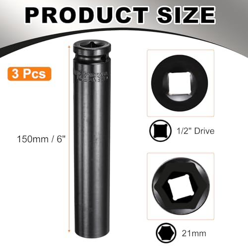 HARFINGTON 3pcs 6-Point Deep Impact Socket 1/2" Drive 21mm Metric Socket 6" (150mm) Extra Long Heat-Treated 45# Steel for Home Auto Spindle Axle Hex Nuts Bolts Repair, Black - size: 21mm + 6" Long