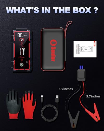 Jump Starter, Battery Jumper Starter Portable, Car Battery Jump Starter with 3 Modes Flashlight, Compass, Power Bank and Jumper Cable | Jump Box with 3 Modes Flashlight, Compass, Power Bank, Gloves and 12V Jumper Cable Up to 10.0L Gas and 10.0L Diesel - c