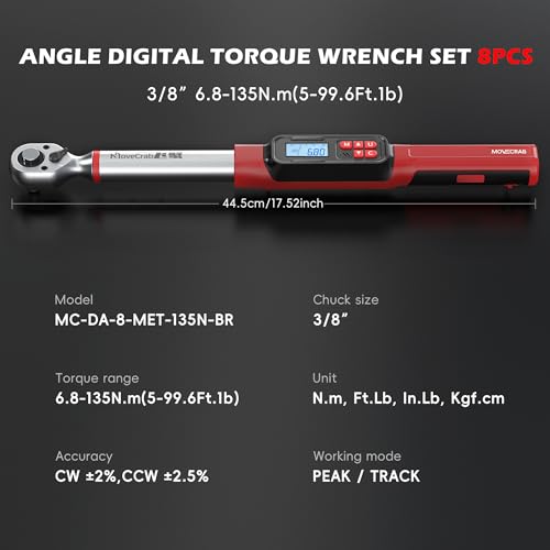 3/8" Digital Angle Torque Wrench, 5-99.6 Ft.lb, ±2% Accuracy, 8pcs | Electronic Torque Wrench with 0.1° Angle Mode, LED Display, Buzzer Alerts for Automotive, Motorcycle & Engine Repair - size: Angle 3/8" 6.8-135N.m/5-99.6Ft.lb