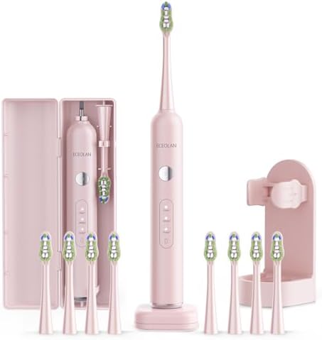 Electric Toothbrush for Adults, Rechargeable Sonic Toothbrush, IPX7 Waterproof Travel Toothbrush Set with Case, 8 Brush Heads, Charger, 2-Min Smart Timer, One Charge Last 60 Days(Pink)