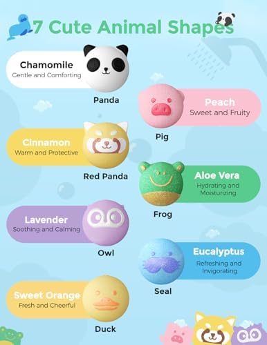 Momcozy Essential Oil Bath Bombs,14 Pcs Bubble Bath Fizzy Balls with 7 Cute Animal Shapes,Bath Bombs Gift Set for Kids Girls Boys Toddler, Ideal Gift for Children's Day, Bath Bomb Kit