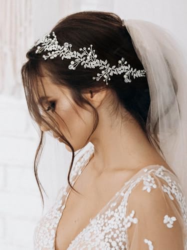 SWEETV Crystal Bridal Headpiece Silver Wedding Headband for Brides Pearl Hair Vine Rhinestone Hair Accessories for Women
