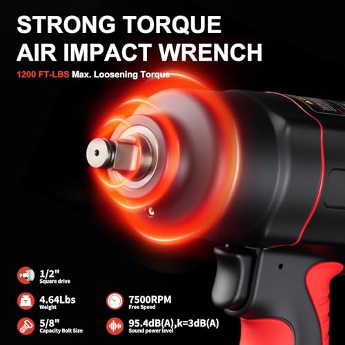 AEROPRO TOOLS 1/2-Inch Air Impact Wrench, Twin Hammer, 1200FT-LBS, 7500RPM, High Torque Pneumatic Impact Wrench, 1/2 Drive Air Impact Gun for Auto Repair, Tire Shop