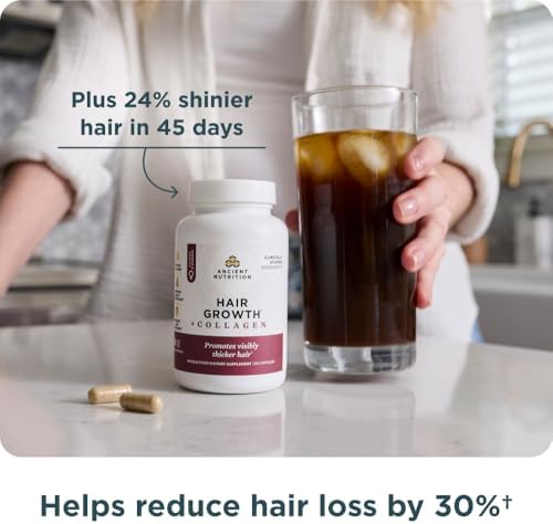 Ancient Nutrition Hair Growth + Collagen Supplement, Hydrolyzed Collagen Peptides, Clinically Studied Superfoods for Hair Growth Support, Thicker, Fuller Hair and Radiant Skin, 60 Count
