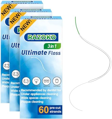 RAZOKO Dental Floss for Braces, 3 in 1 Ultimate Floss Pre-Cut Strands, 60 Count (Pack of 3)