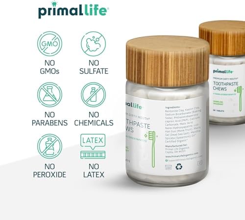 Primal Life Organics Premium Dirty Mouth Toothpaste Chews – Nano-Hydroxyapatite Whitening Toothpaste Tablets for Adults - Gluten Free, Vegan, Paleo - 60 Tablets in Jar - Sparkling Spearmint