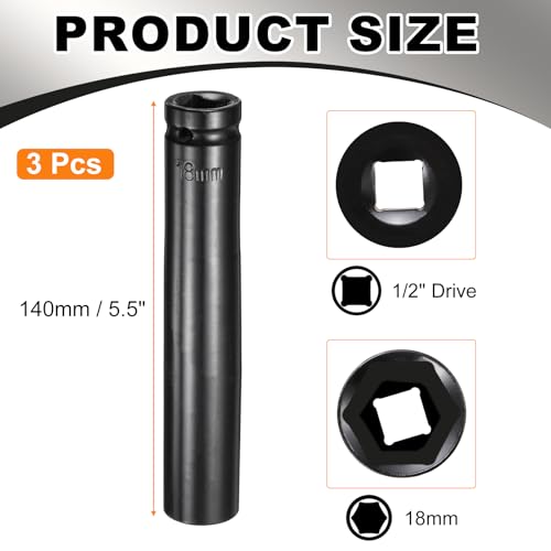 HARFINGTON 3pcs 6-Point Deep Impact Socket 1/2" Drive 18mm Metric Socket 5.7" (145mm) Extra Long Heat-Treated 45# Steel for Home Auto Spindle Axle Hex Nuts Bolts Repair, Black - size: 18mm + 5.7" Long