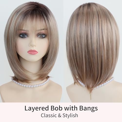 RENERSHOW Layered Blonde Bob Wigs for White Women with Bangs Straight Short Hair Wig Synthetic Ombre Blonde Highlight Bobo Haircuts Natural Daily Party Wig