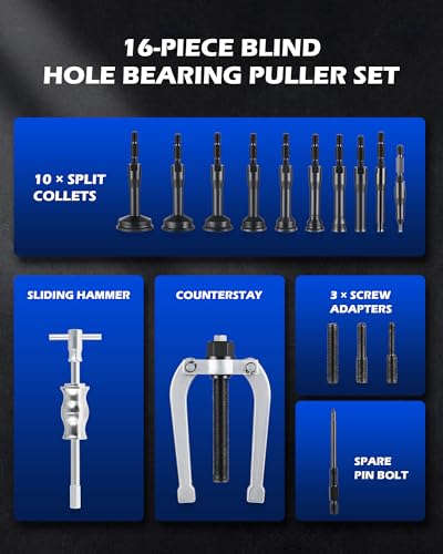 Orion Motor Tech Blind Hole Collet Bearing Race and Seal Puller Extractor Kit, Slide Hammer Pilot Insert Inner Bearing Removal Tool Set, 16 Pieces | 16pc Slide Hammer Pilot Insert Inner Bearing Removal Tool Set, Blue Case - color: blue