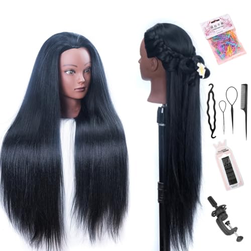 YK 26" Multicolored Synthetic Fiber Hair Mannequin Head with Clamp Stand - Cosmetology Doll Head